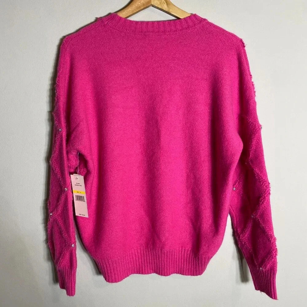 NWT Nanette Lepore Bedazzled Cable Knit Crewneck Pullover Sweater Women's M Pink - Picture 9 of 14